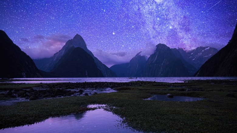 Fiordland at night with the milky way visible in the sky