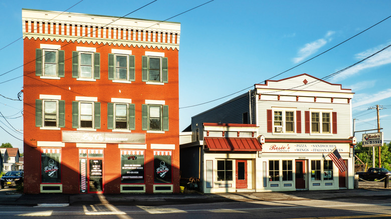 Buildings in Brewerton, New York, on quiet, sunny day