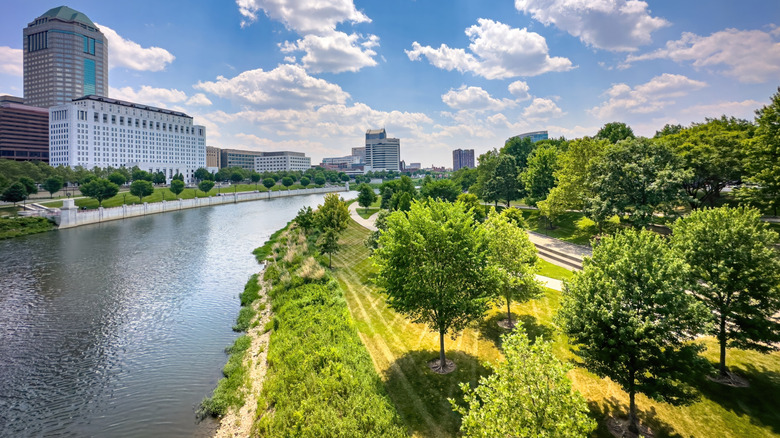 A vibrant view of green trees at Genoa Park to the right, Columbus to the left, and the Scioto River in between in Columbus, Ohio.