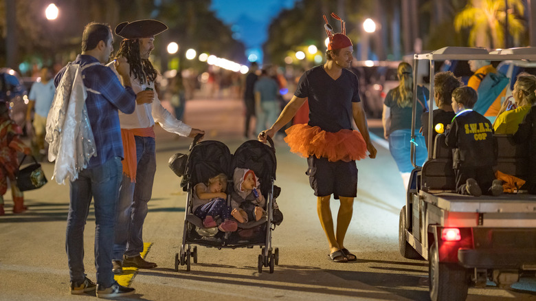 Families trick-or-treating for Halloween in Hollywood