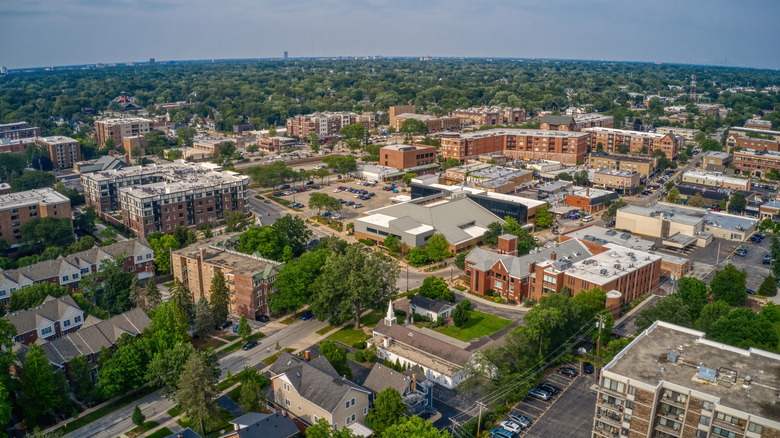 Aerial shot of the charming community of Downers Grove in Illinois