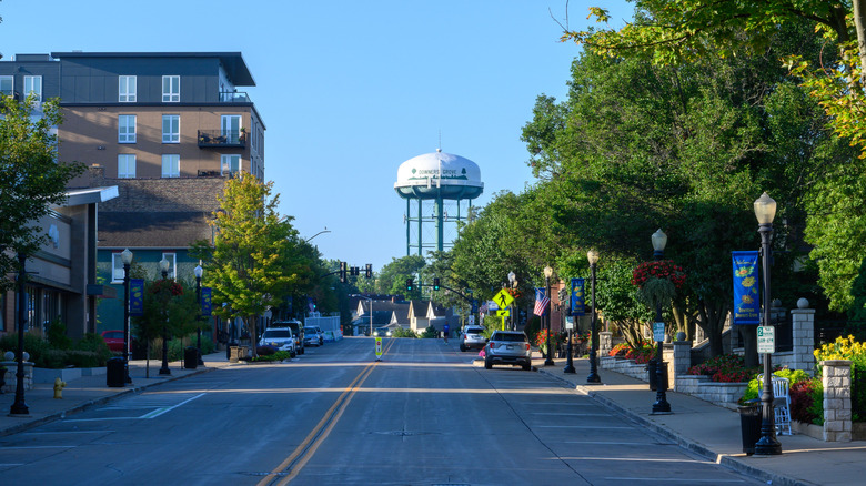Downtown Main Street view of Downers Grove and water tower