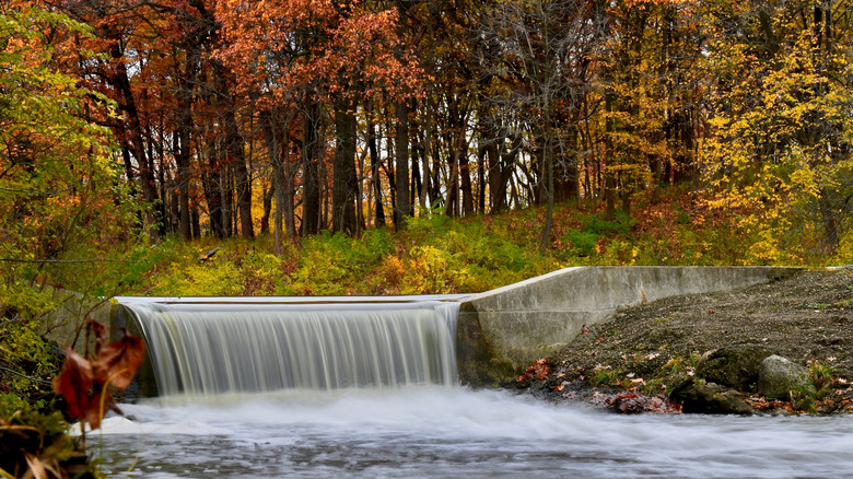 Fall colors and a waterfall at Morton Arboretum in Lisle, Illinois