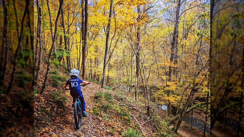 Kid biking on a trail in Olde Rope Mill Park.