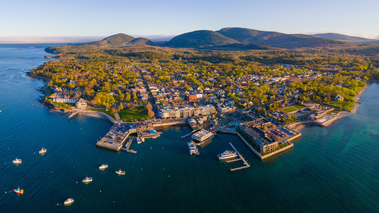 Aerial view of Bar Harbor, Maine on sunny day