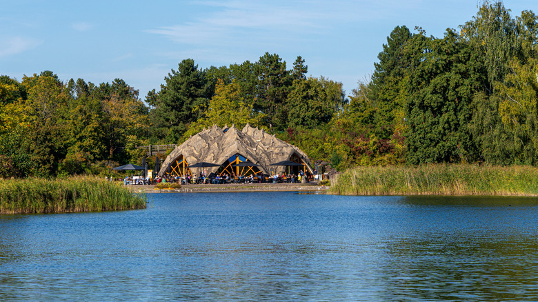 A grotto-like café by the lake in Britzer Garten in Berlin