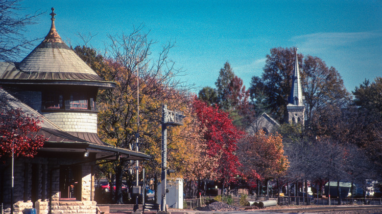 Downtown Kirkwood, MO, in the fall, with a church in the background