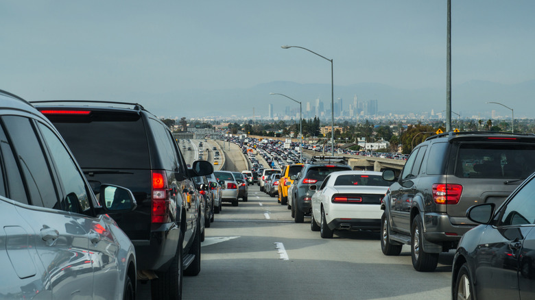 Standstill daytime traffic on the 10 Freeway heading toward downtown Los Angeles