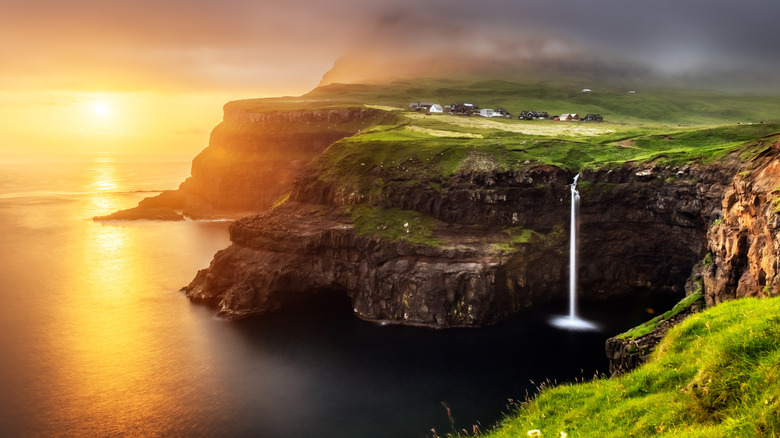 The Mulafossur Waterfall at sunset