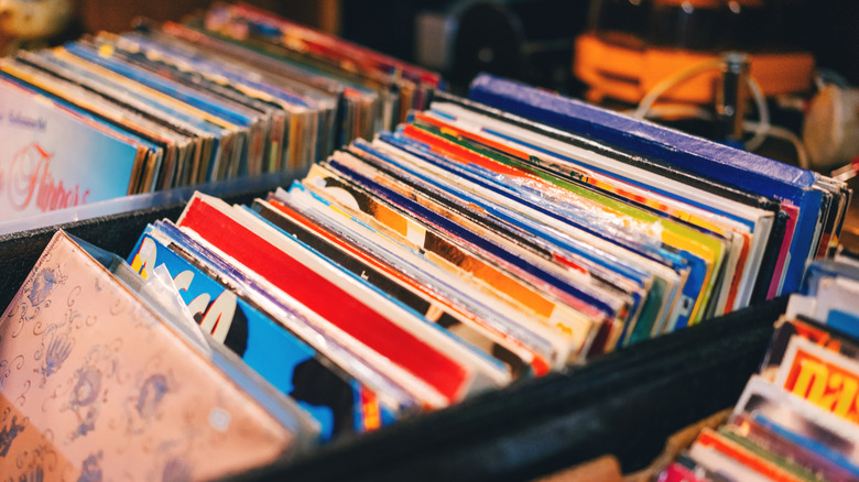 Vinyl records line crates
