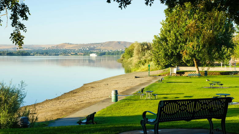 Bench in landscaped green park overlooking Columbia River Richland Washington