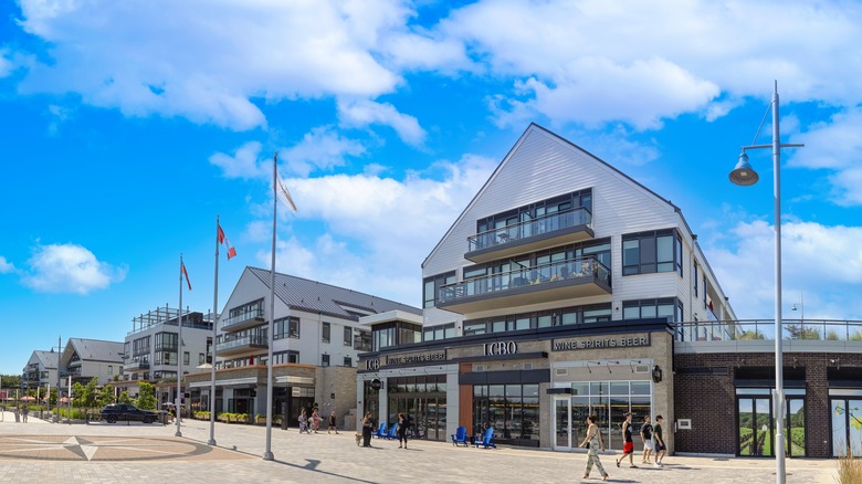 Buildings along the waterfront promenade in Innisfil, Ontario