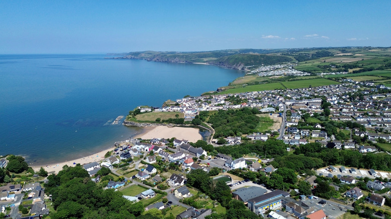 Aerial view of Aberporth's villages, beaches, and coast
