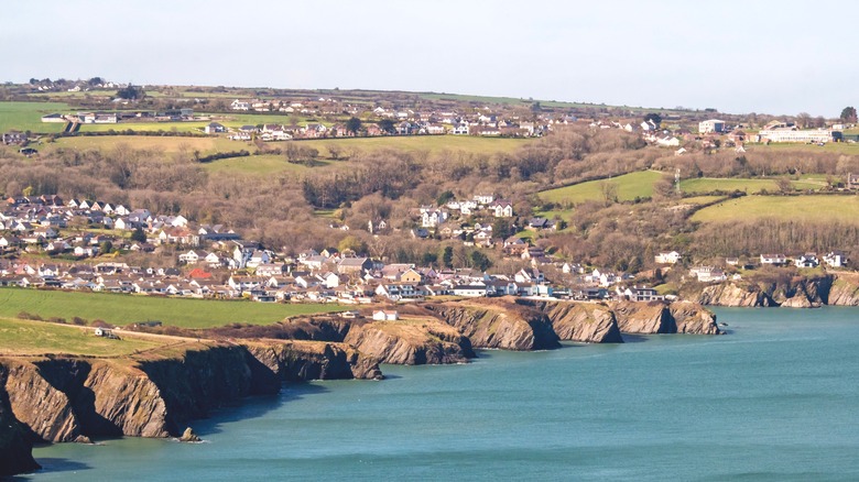Aerial view of Aberporth's coastline and landscape