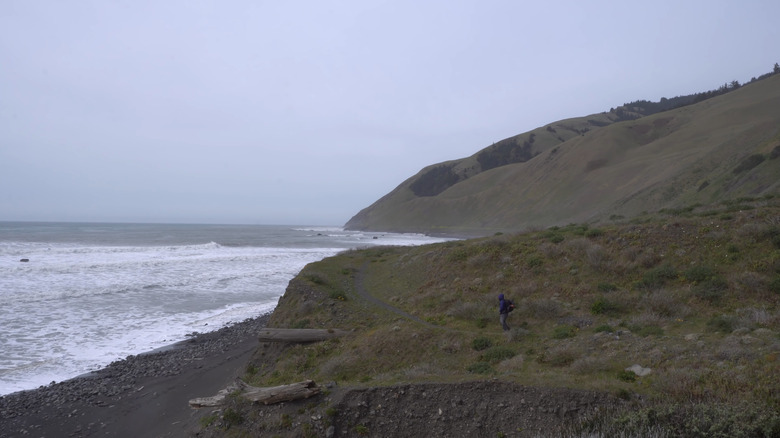 lone hiker cloudy lost coast