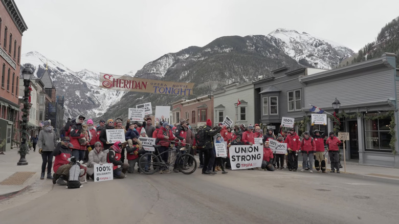 Ski patrollers on strike demonstrating in downtown Telluride, Colorado