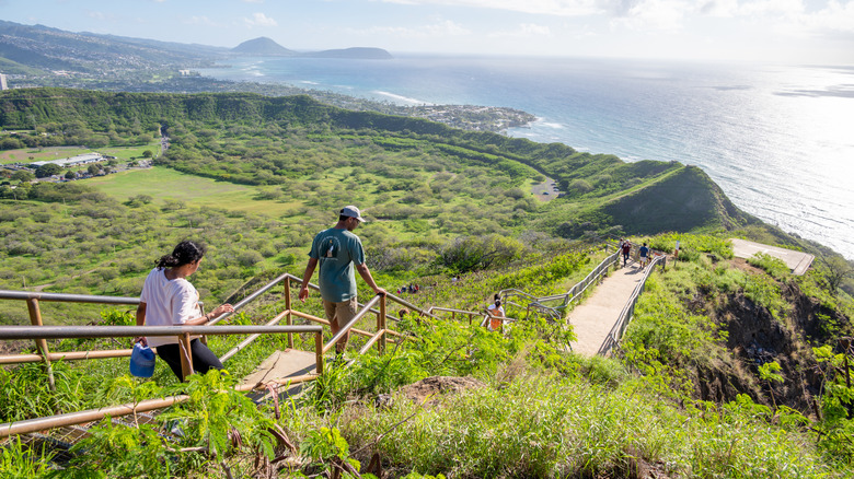 Hikers walking down steps on a lush mountainside toward the ocean