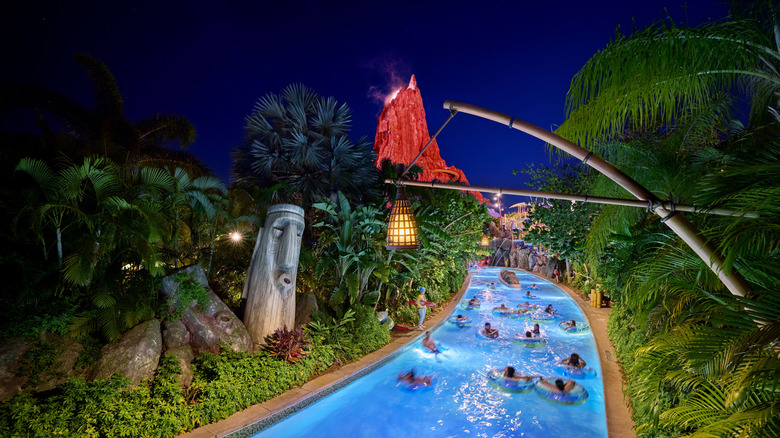 Nighttime image of Kopiko Wai Winding River, a lazy river attraction in Volcano Bay