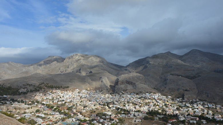 Chora, also known as Chorio, surrounded by rugged mountains in Kalymnos, Greece