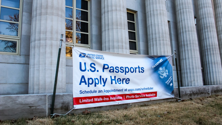 A banner advertising U.S. passport application appointments