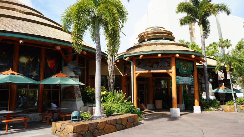 Exterior view of Thunder Falls Terrace, a quick-service restaurant inside the Jurassic Park land of Islands of Adventure, one of the theme parks that make up Universal Orlando Resort in Florida, USA