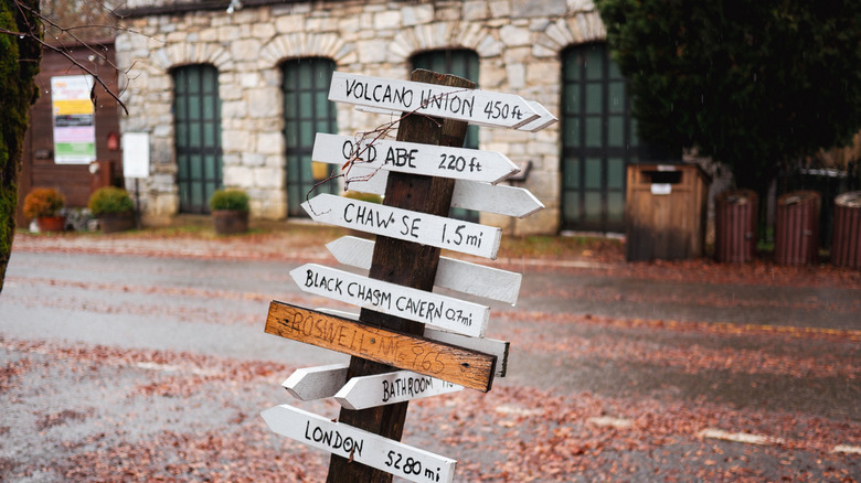 A wooden signpost in Volcano, California