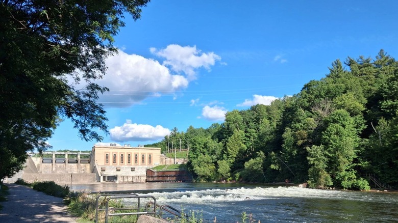 A dam with water flowing from the base into the river at Tippy Dam Recreation Area in Michigan with robust green trees on each shoreline.