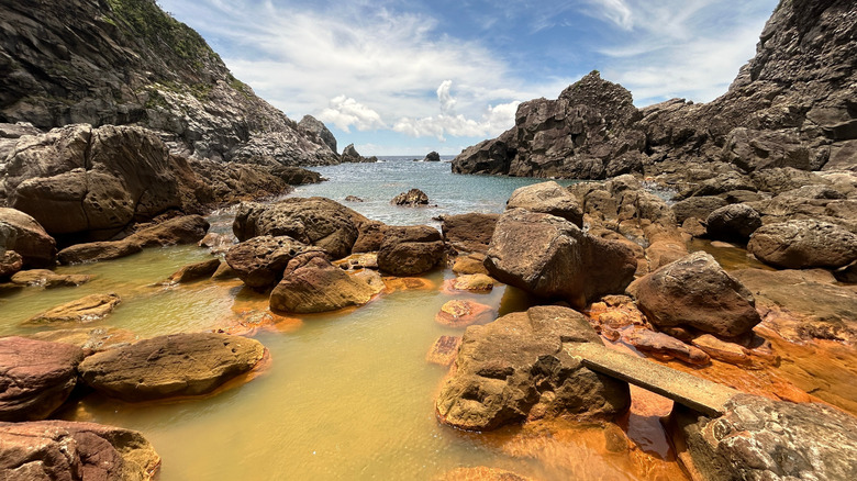 Reddish brown waters of Jinata Onsen