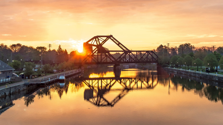 Drawbridges on the Erie Canal at dawn, as seen in Tonawanda, NY