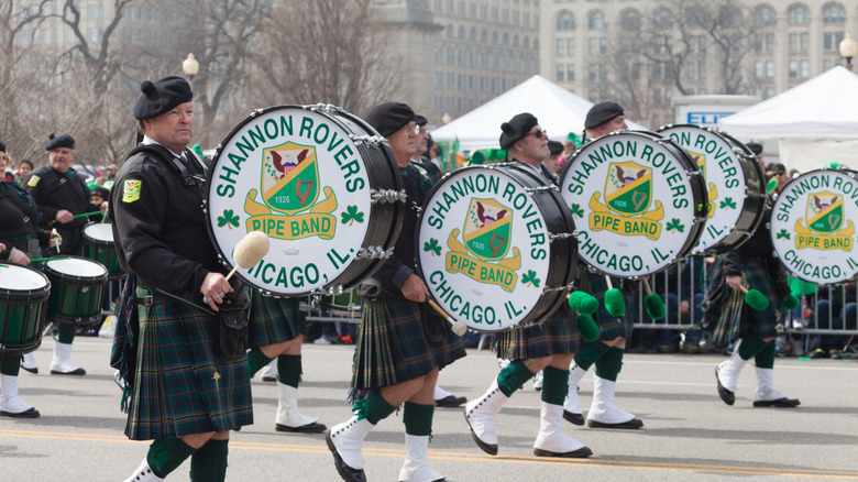 A marching band in Chicago St Patrick's Day Parade