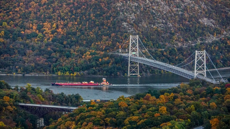 Aerial view of Popolopen and Palisades Parkway with bridge over the Hudson River in upstate New York