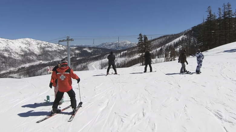 Skiers getting ready to do a run at Sierra-at-Tahoe Resort.