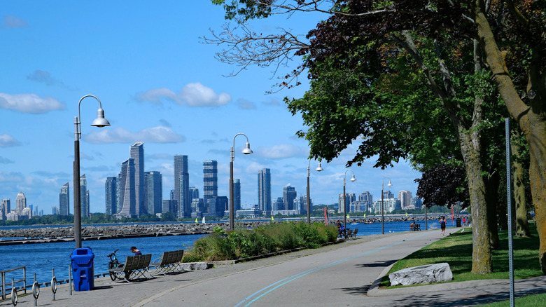 wide paved walking path flanked by trees and a body of water, skyscrapers in the distance