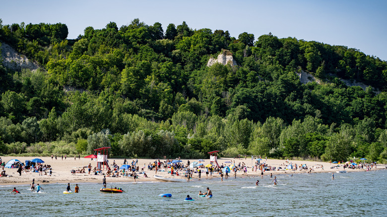 Crowd play on beach and in water at Bluffer's Park, Toronto