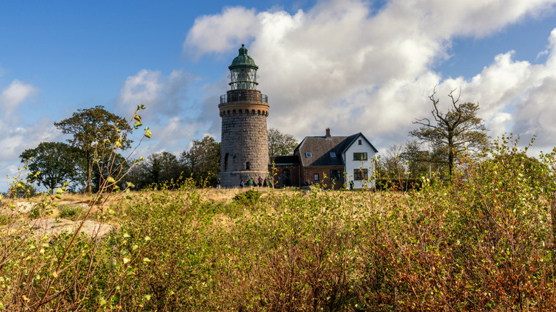 View of Hammeren Lighthouse on Bornholm Island in Denmark on a bright day