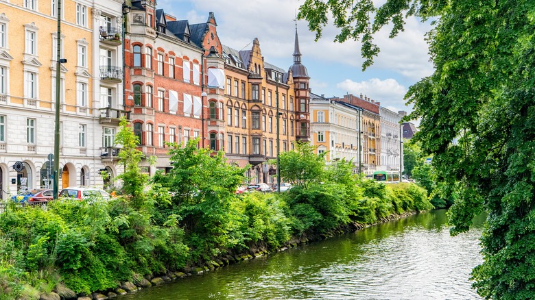 Pretty, historic buildings along a canal in Malmö, Sweden