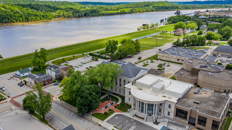 An overview of part of Lawrenceburg, Indiana with the Ohio River in the background