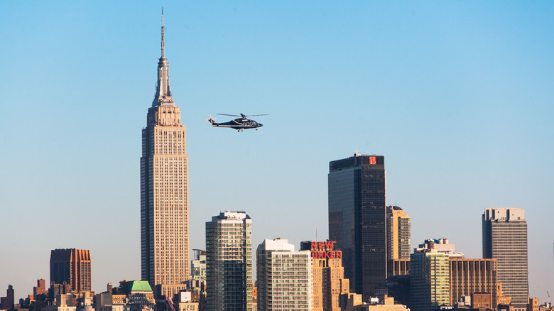 A helicopter flying over Manhattan