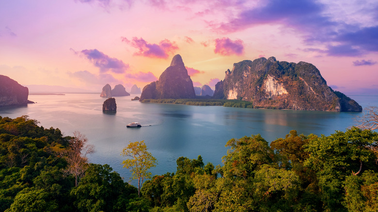 Aerial view of Phang Nga Bay and Hong tropical island at sunset