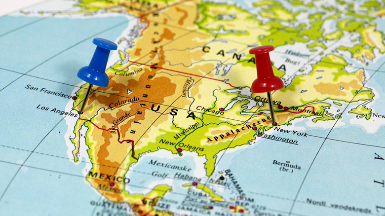 Map of United Sates with pins stuck in Los Angeles and New York