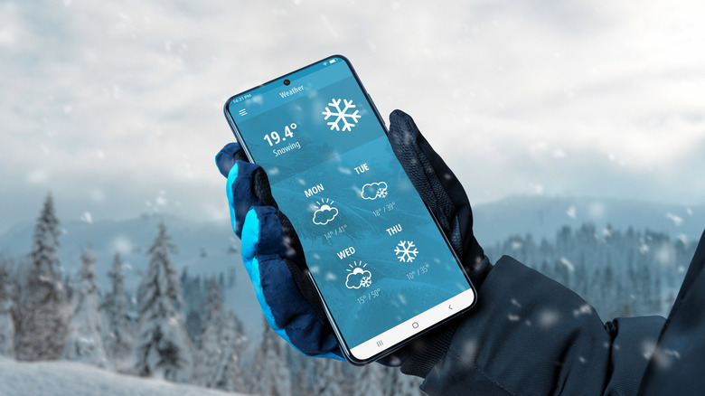 A winter weather forecast on a smart phone with a snowy background