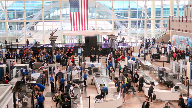 A busy security checkpoint at the Denver Airport