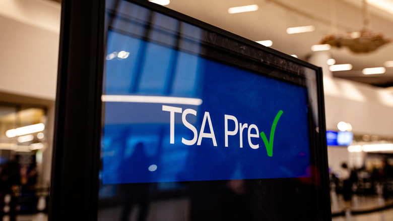 Signage for TSA PreCheck (often stylized as TSA Pre✓®), an expedited security screening program run by the U.S. Transportation Security Administration (TSA).
