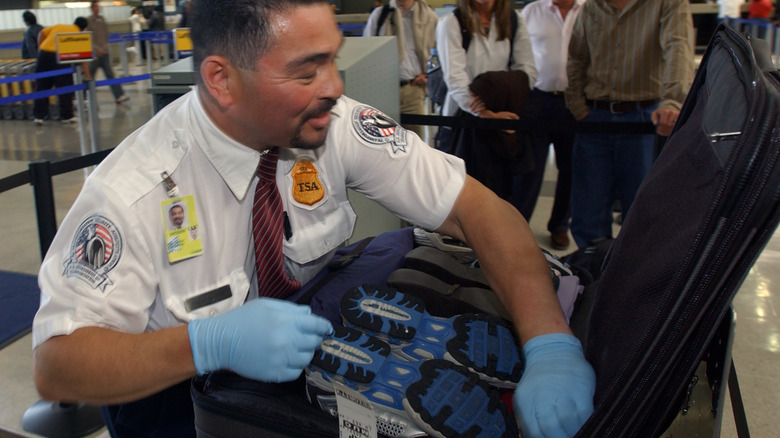 Airline passengers inside the Tom Bradley International Terminal have their baggage inspected by Transportation Security Administration Agent at Los Angeles International Airport, May 25, 2004