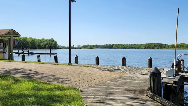 View of Sweden Point Marina with fishing docks and boat launches