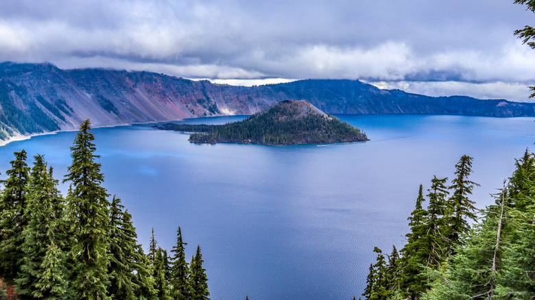 An elevated view of a lake surrounded by a sloping rim, with an island out in the water and trees in the foreground
