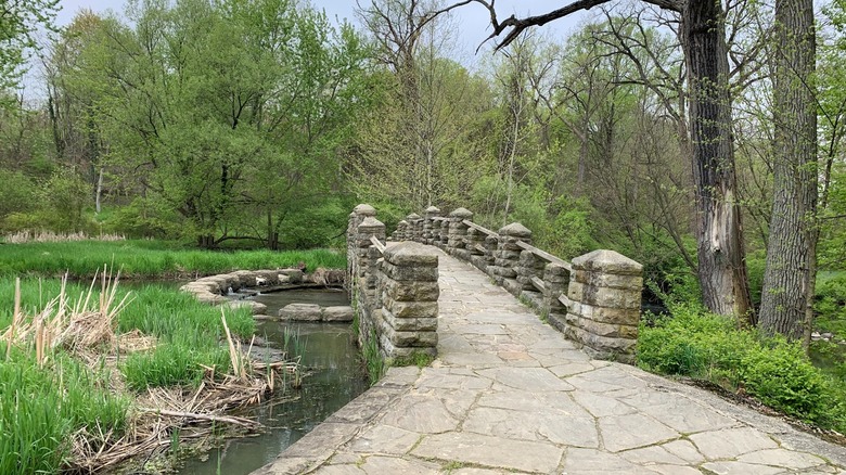 Stone footbridge crossing a wooded stream at Garfield Park Reservation, Ohio