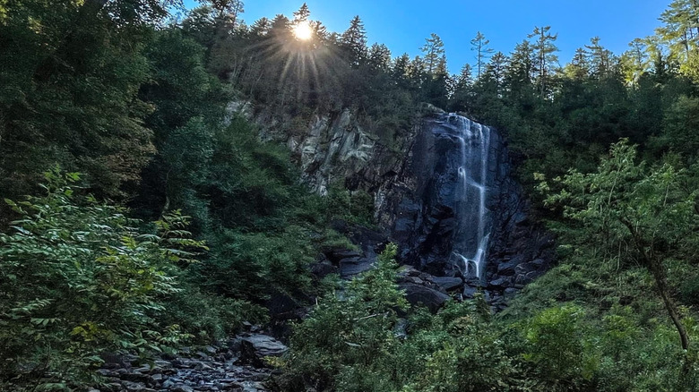 Sun beaming over Ok Slip Falls in the Adirondacks