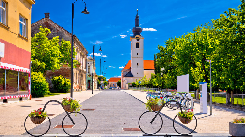 Bicycle sculptures with plants in front of a street witha  church