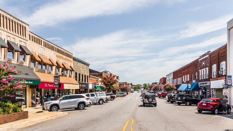 Main Street in Lincolnton, North Carolina, on a sunny day, with people and cars